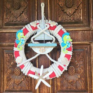 Nautical-Themed Rope Wreath With Seahorse Boat & Starfish Decor